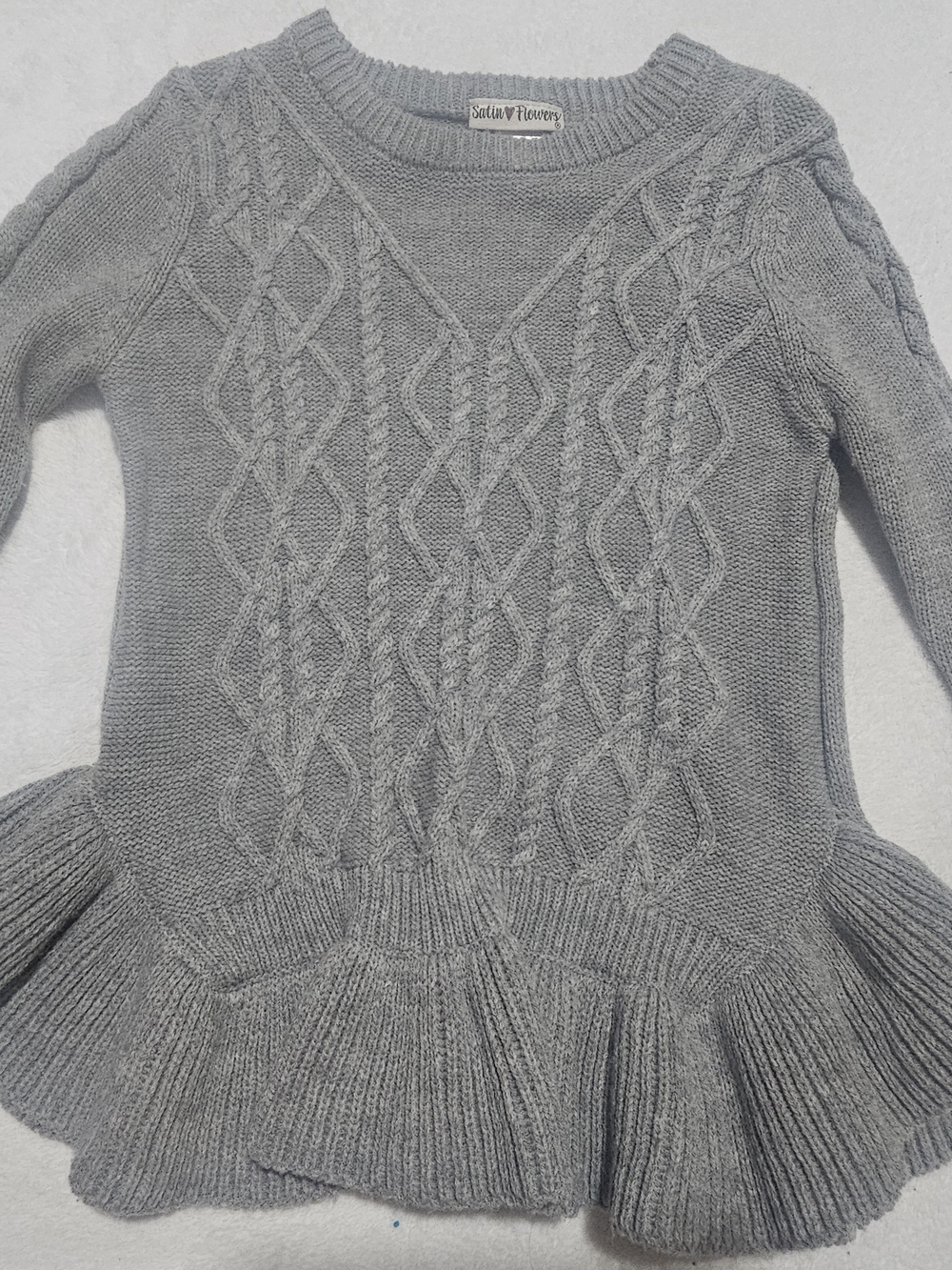Girls' Gray Cable Knit Peplum Long Sleeve Sweater